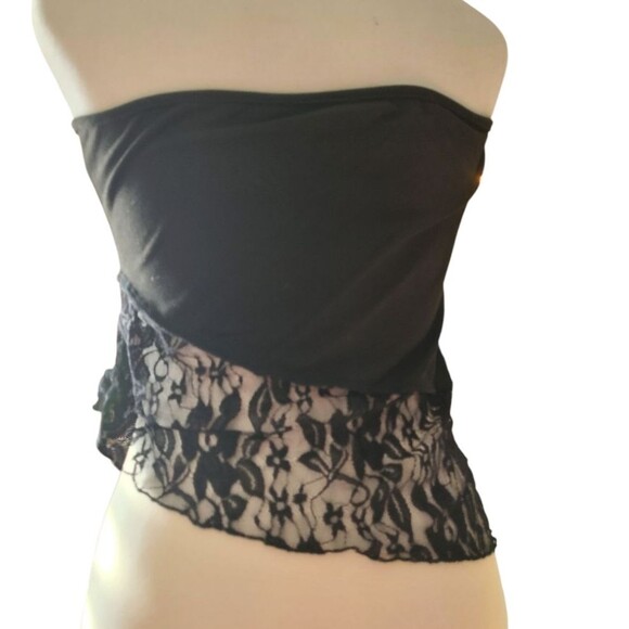 Strapless Black Lace Bandeau Crop Tube Top Asymmetrical Hem - Women's Size Large - Picture 5 of 9